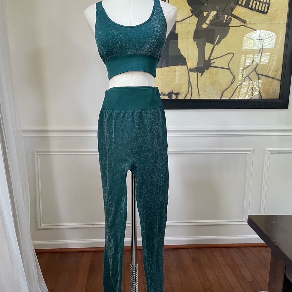 ASOS South Beach Seamless Glitter Green Silver Leggings Sports Bra Activewear Se